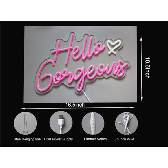 Hello Gorgeous Neon Sign Pink LED Light Home Wedding Birthday Party Wall Decor - Picture 6 of 8